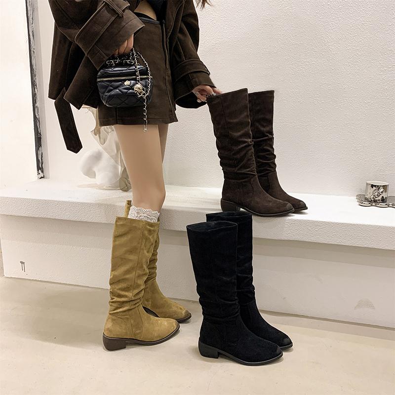 Fashion Women Knee High Boots Autumn Winter Female Shoes Fashion Female Slip-on Folds Low Heel Round Toe Flat Long Boots Botas De Mujer