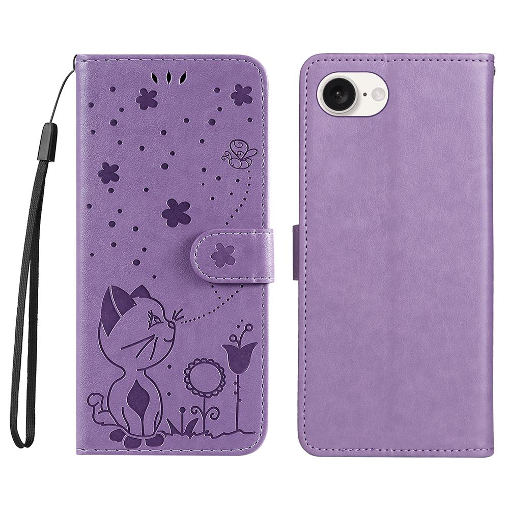 

For iPhone 16e Leather Case Cat Bee Pattern Phone Cover Wallet Stand with Strap Purple