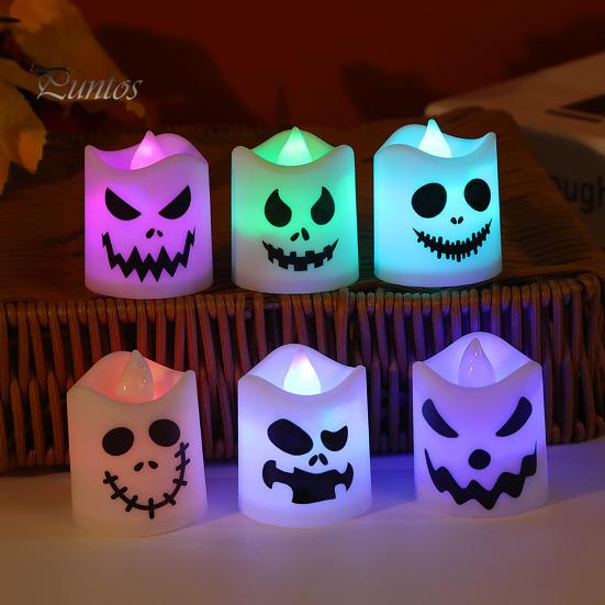 6Pcs Halloween Ghost Candle Light Plastic LED Ghost Face Electronic Flameless Candle Haunted House Prop for Home Party Decoration