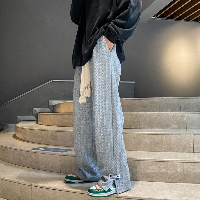 Spring Autumn Men High Street Sweatpants Loose Casual Side Slit Straight-Leg Pants Vintage Jacquard Casual Bottoms Male Clothes