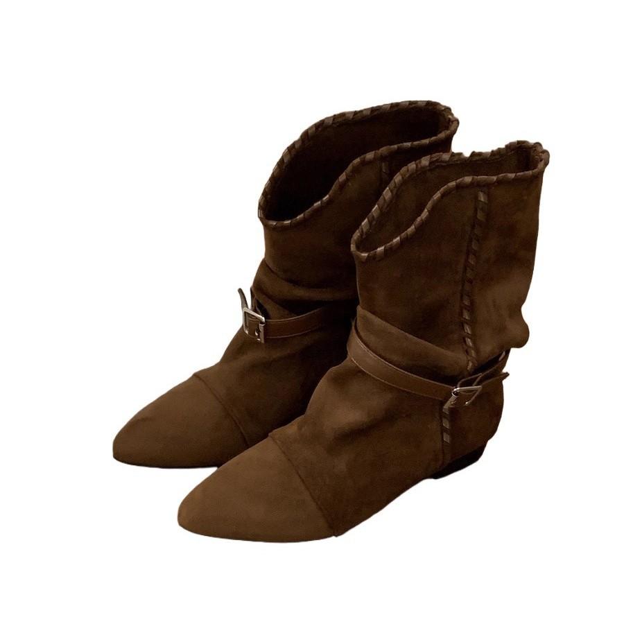Retro pleated belt buckle pointed pile boots women's new inner height increase versatile comfortable western cowboy boots