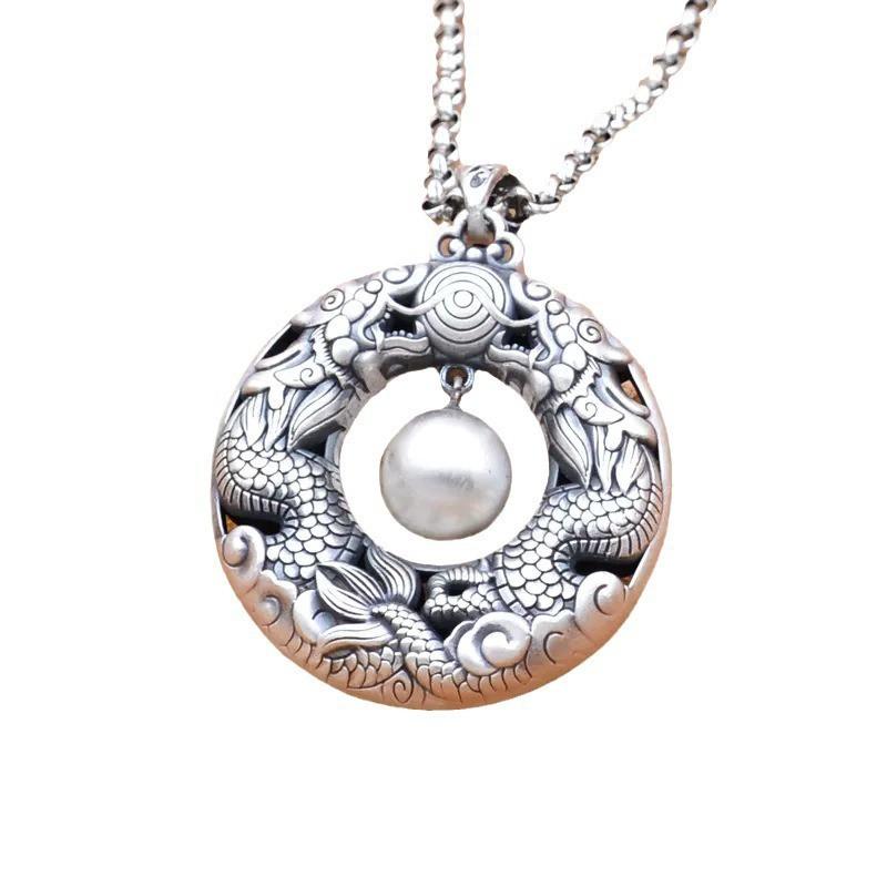 Vintage Dragon Pearl Pendant Necklace Women Men Long Chain Copper Jewelry Boho Style