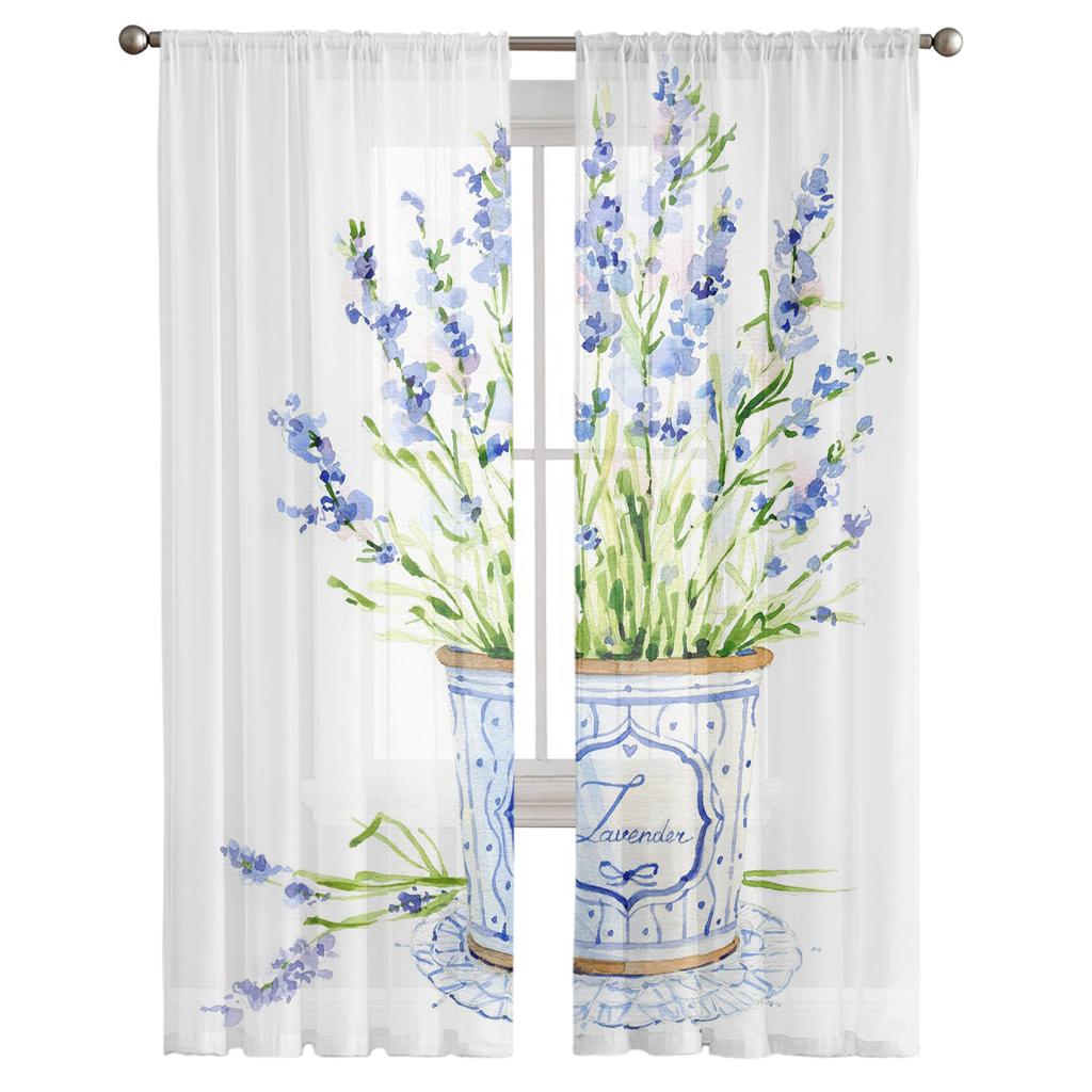 Flowerpot Purple Watercolor Flowers Tulle Curtains For Living Room Kitchen Sheer Voile Curtain Bedroom Window Panels