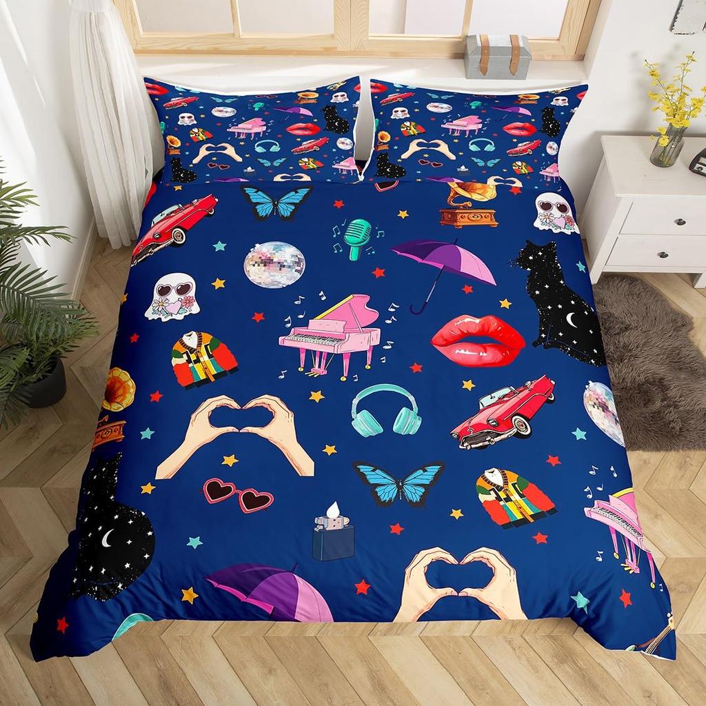 Music Fans Print Duvet Cover Twin Full Music Theme Comforter Cover Singer Fan White Bedding Set for Birthday Valentines Day Gift