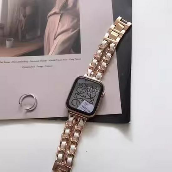 

Шикарный джинсовый ремешок с двойной цепочкой для Apple Watch Ultra/SE 987654 42/44/45/46/49 mm ярко-розовый/золотой