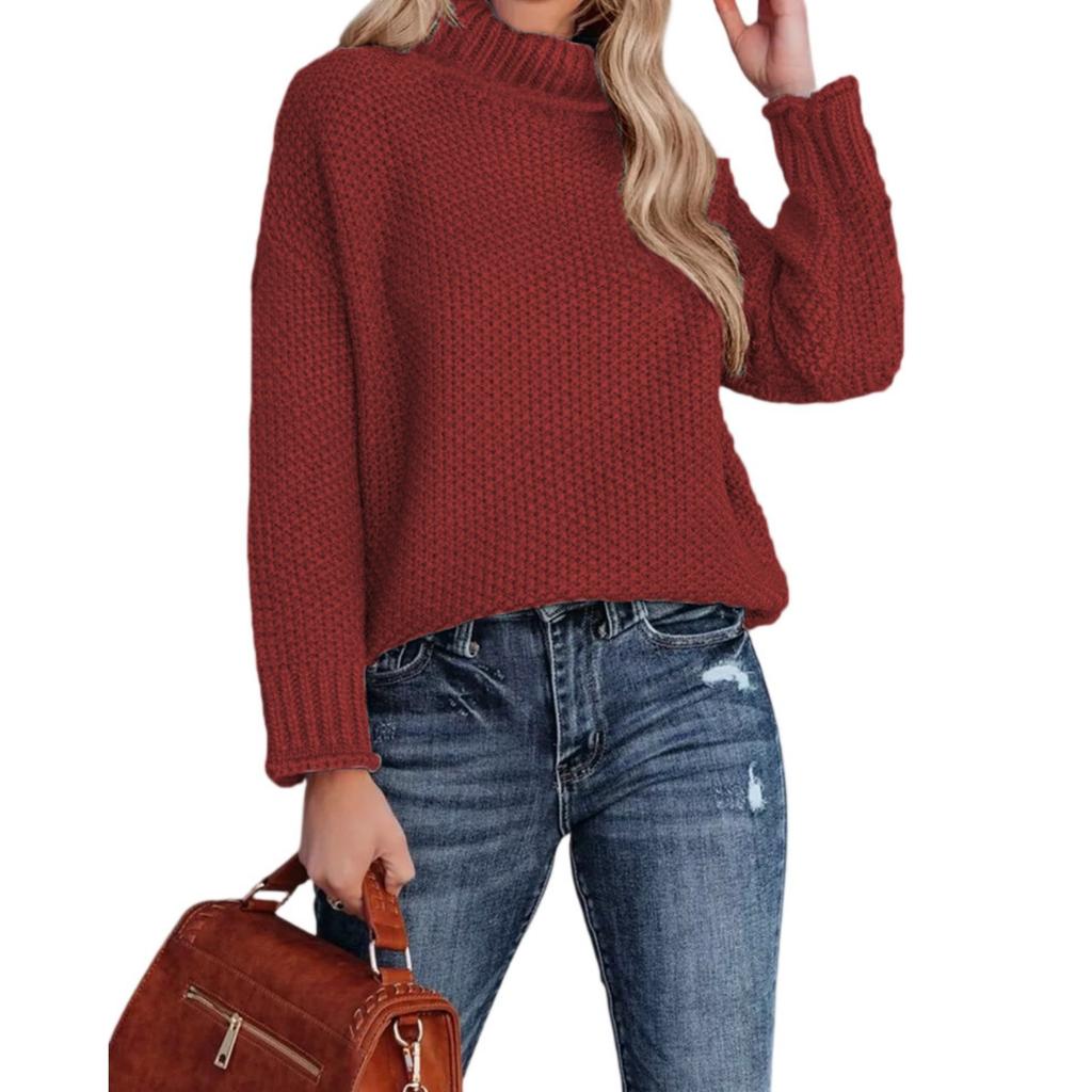 Fashionable Women's High-neck Knitted Sweater With Long Sleeves And Rolled Hem
