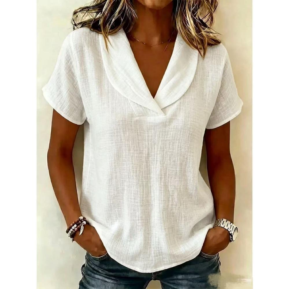 Women s Lapel V Neck Short Sleeve Blouse Regular Fit Solid Linen Casual Top S белый
