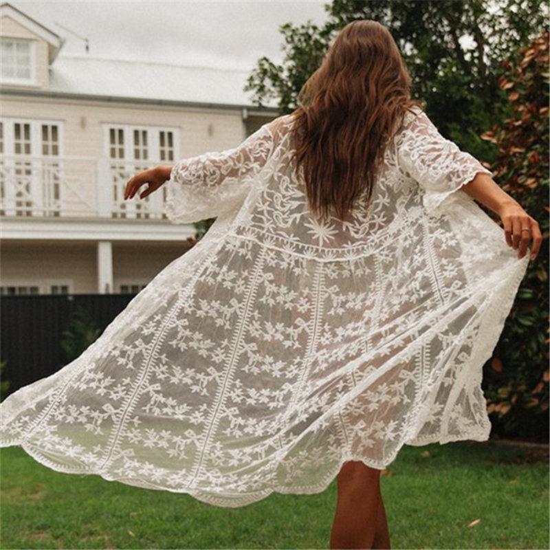 

2024 Кружевной пляжный парео пляжная одежда купальник Cover up Playa парео туники для пляжа кимоно One Size белый