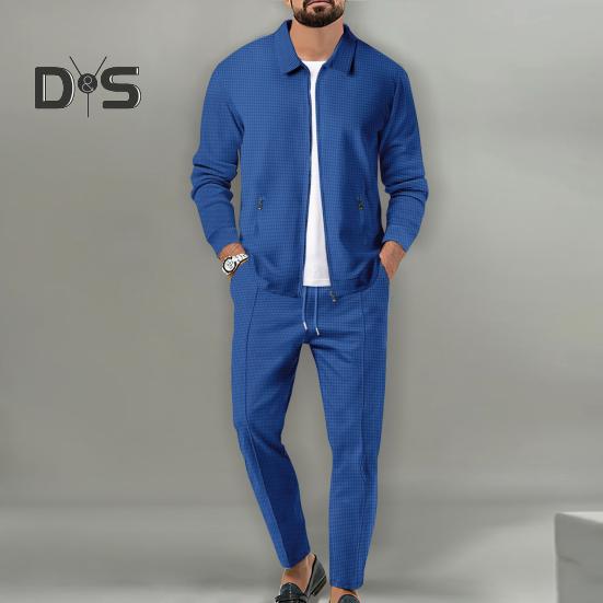 2Pcs/Set Men Autumn Suit Lapel Long Sleeve Zipper Placket Cardigan Elastic Drawstring Waist Long Pants Set Waffle Texture Casual Outfit