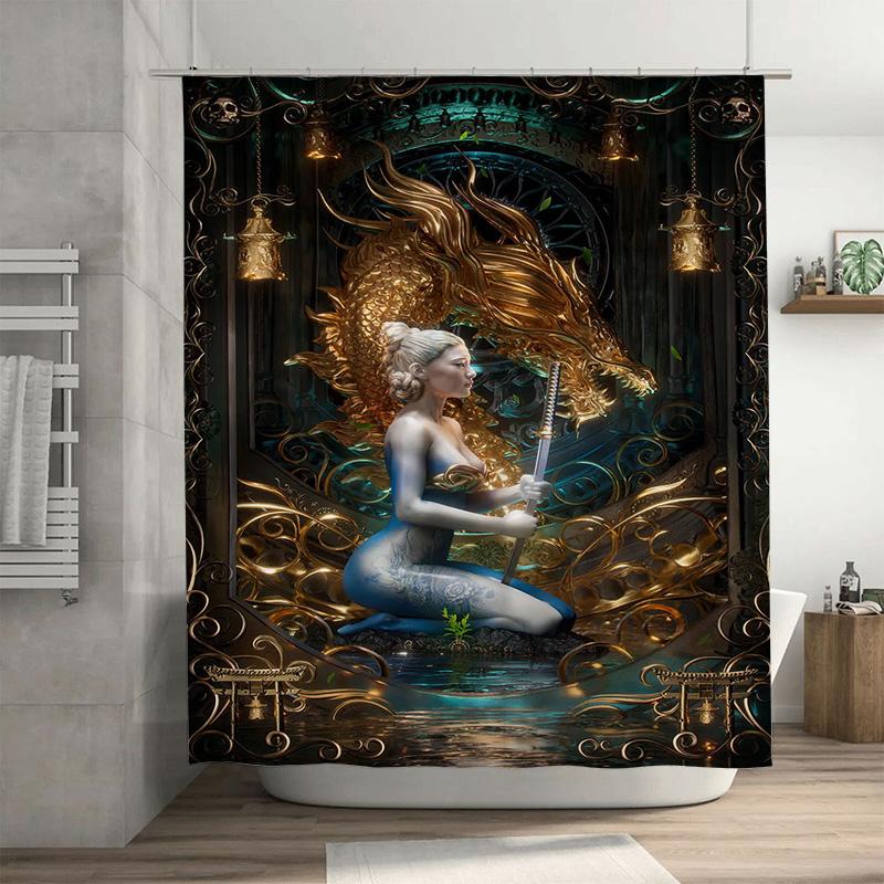 Golden Dragon Shower Curtain Fantasy Mythical Creature Bath Decor Wall Hanging Waterproof Fabric with Swordsman Lady Artistic De