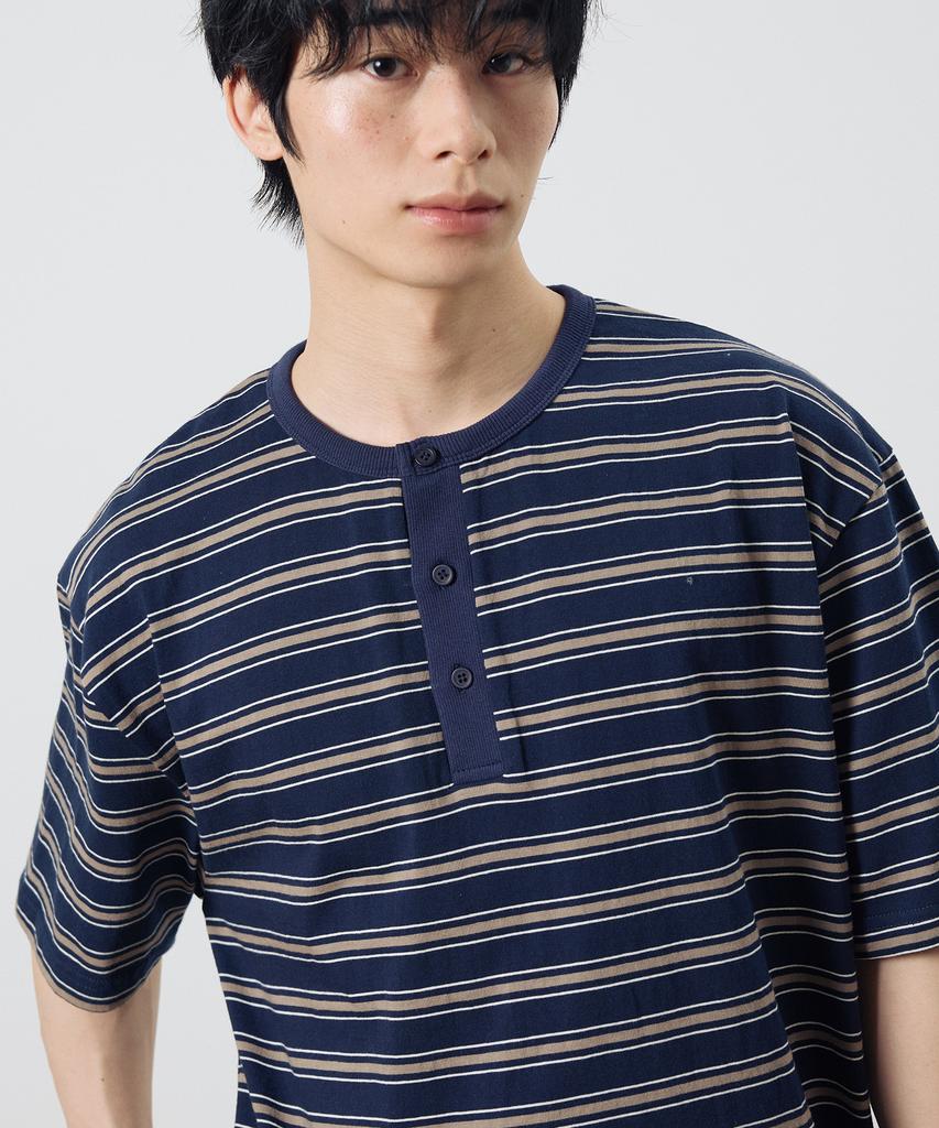 Dibsenseu Striped Henley Neck Short Sleeve T-Shirt - Blue