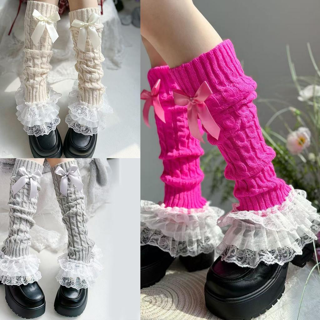 Aesthetic Elegant Layered Ruffle Lace Trim Leg Warmer for Women Cable Knit Leg Sleeve Covers Footless Socks with Bowknot