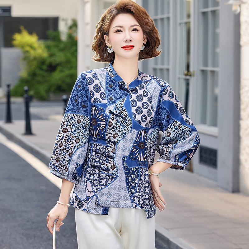 

2026 Elegant Mid-Sleeve Frog Button Blouse for Middle-Aged Women - Summer Chinese Style 5XL