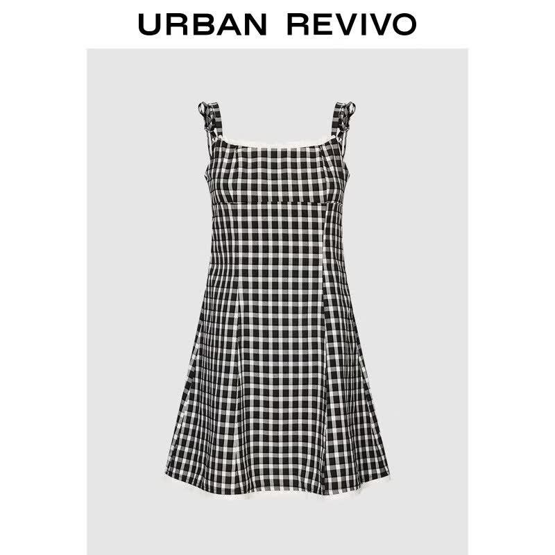 UR2026 Women s Casual Plaid Lace-Trim Tie-Strap Mini Dress L