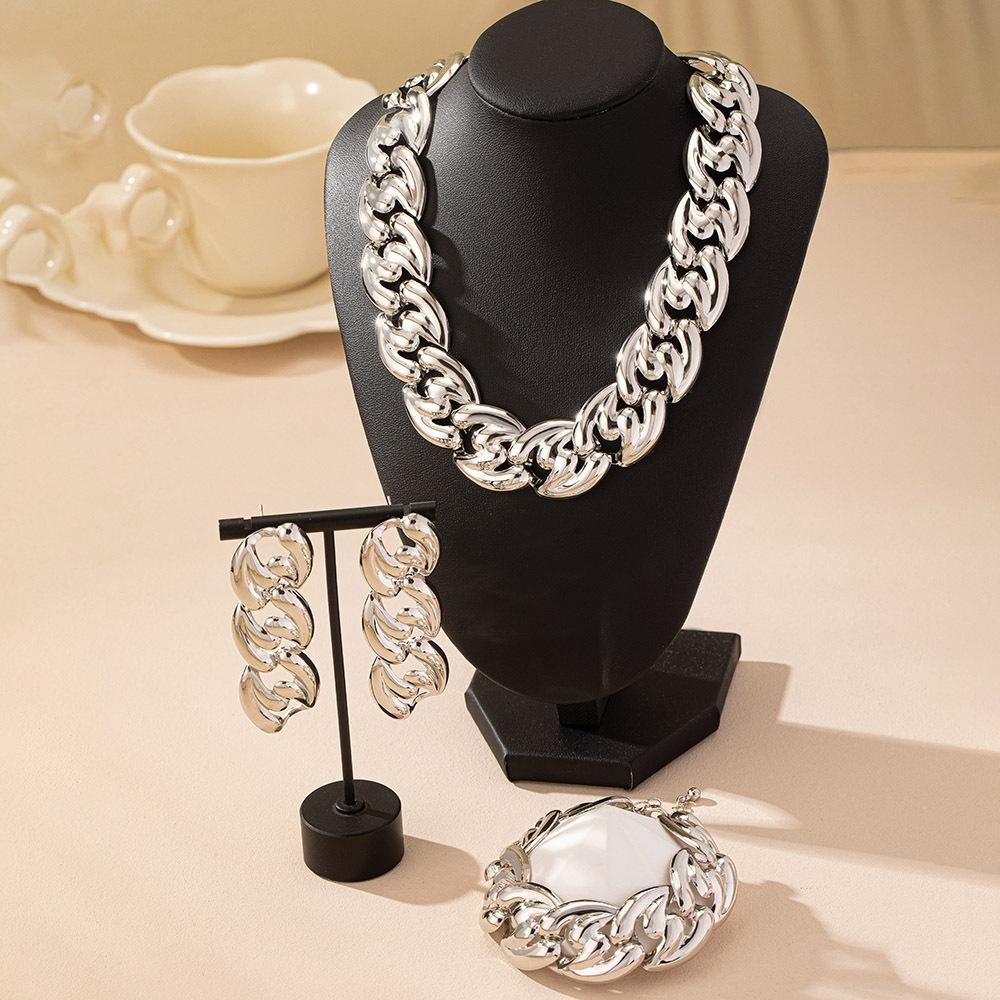 3PCS Zircon Set for Women Gold Copper Color Big Cuban Chains Bracelet Necklace Fashion Chunky Chain Collares Earring Gifts