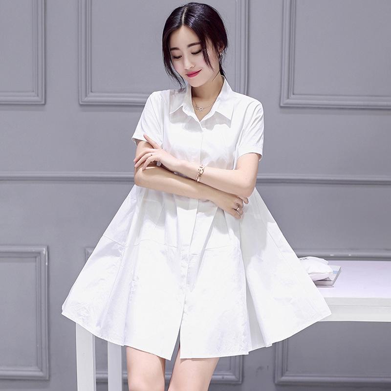 Damen Sommer Chiffon Hemdkleid - Kurzärmelig, Mittellang, Locker, Bauchkaschierend, Koreanischer Stil
