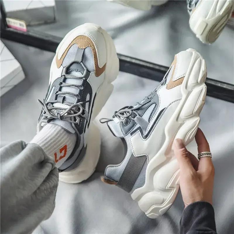 Solid Chunky Sneakers Men's Running Shoes 2025 Fashion Casual Breathable Leather Mesh Increased Thick Platform Designer Shoes