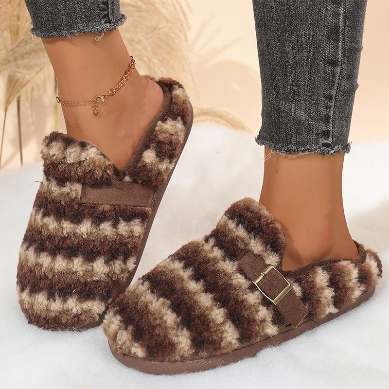 Mote Mote Stripete Bomullstøfler Kvinner Lukket Tå Slip On Plysjtøfler Kvinne Vinter Innendørs Sklisikre Varme Plysjtøfler Dame