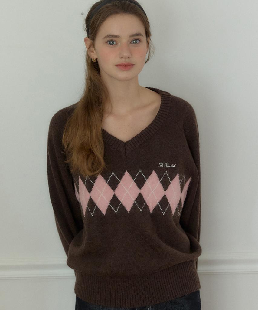 OURHOPE V-Neck Argyle Knit - Brown