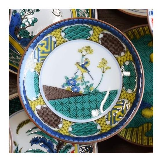 Japanese storehouse plate, stylish, Kutani ware, masterpiece, bean plate, old Kutani color painting, twin birds and autumn grass illustration,