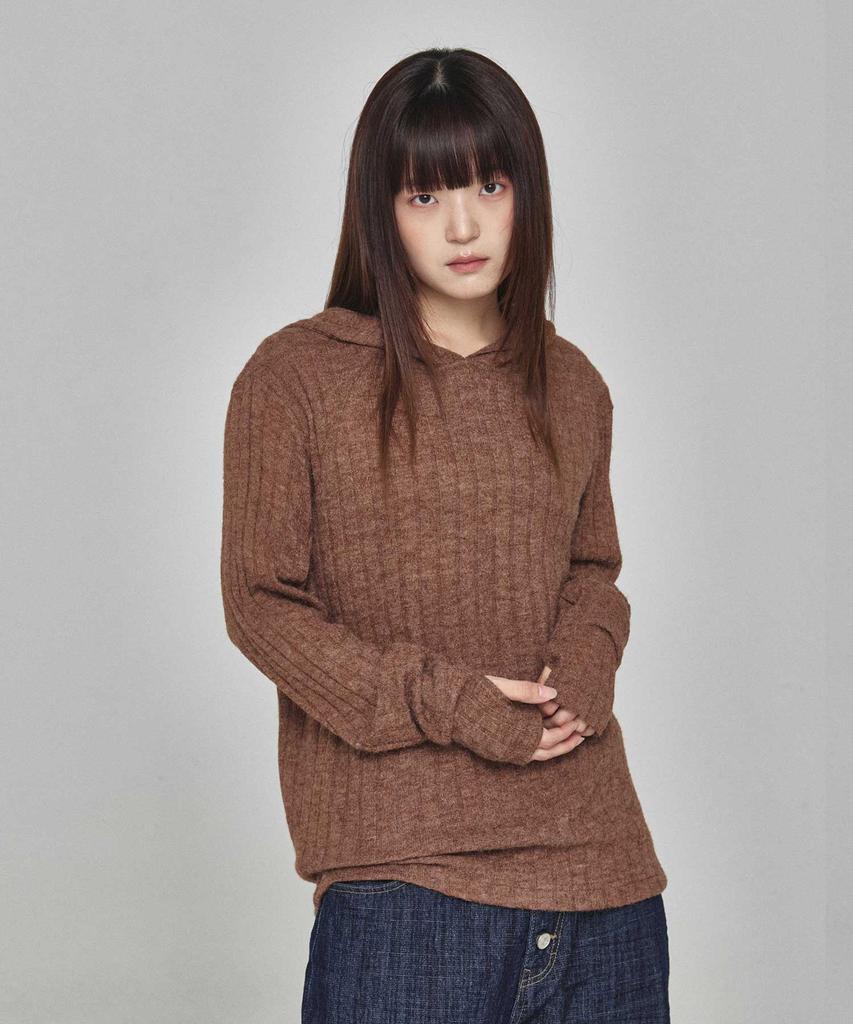 KICHUL Cozy Ribbed Knit Hoodie (Brown)