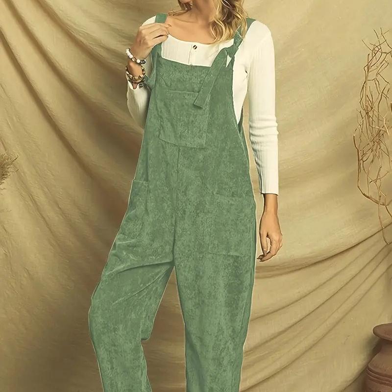 Solid Corduroy Overall Jumpsuit, Casual Patched Pockets Overall Jumpsuit For Spring & Fall, Women's Clothing