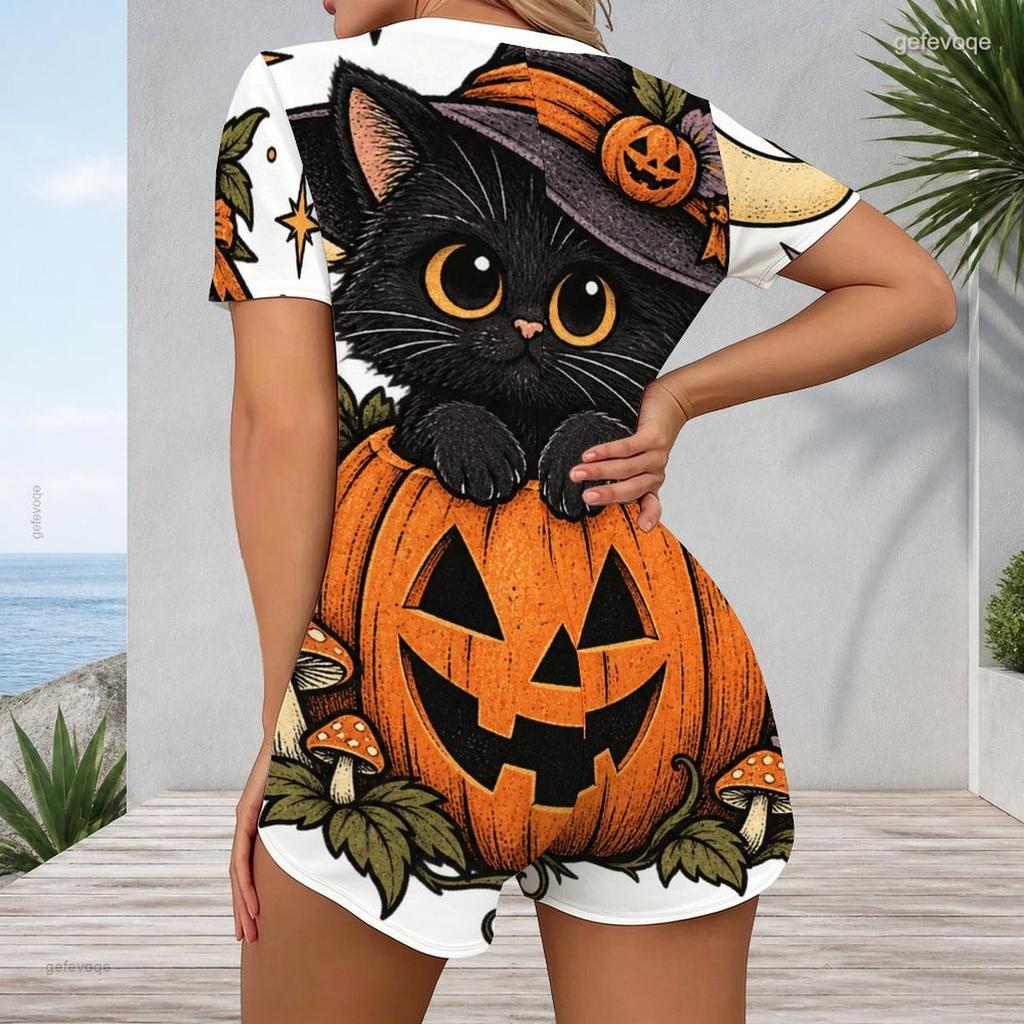 Women Plus Size V Neck Short Sleeve Halloween Printed Button Front Fitted Short Romper