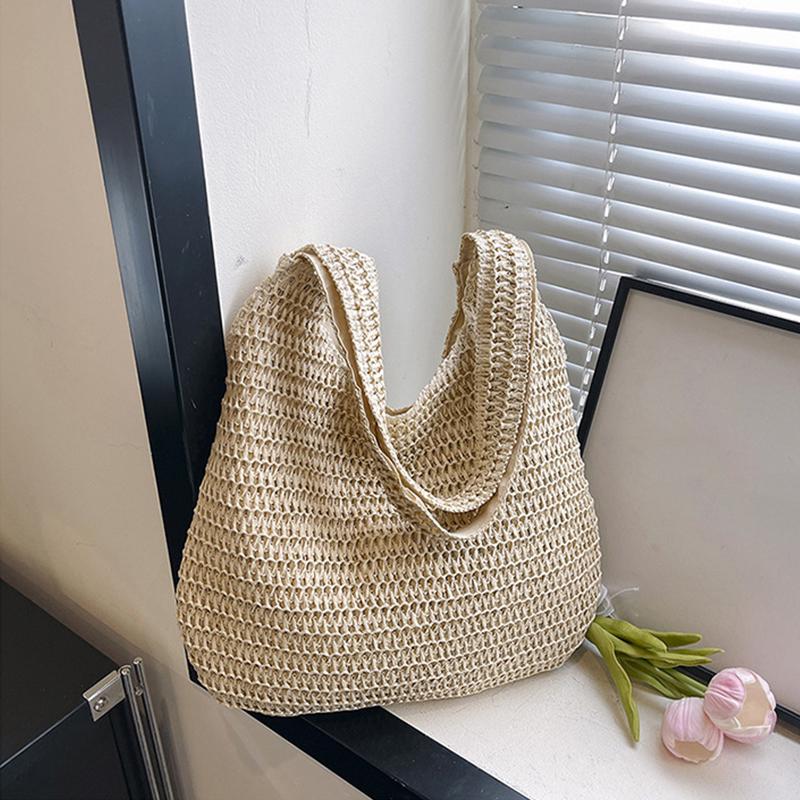Solid Color Woven Tote Bag Hollow Out Breathable Shopping Straw Bag Lightweight Summer Beach Handbag For Women AVE