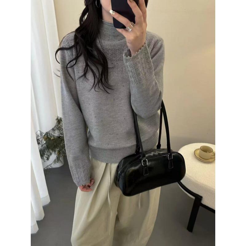 Women S Rhinestone Jacquard Half High Neck Pullover Sweater Soft Warm