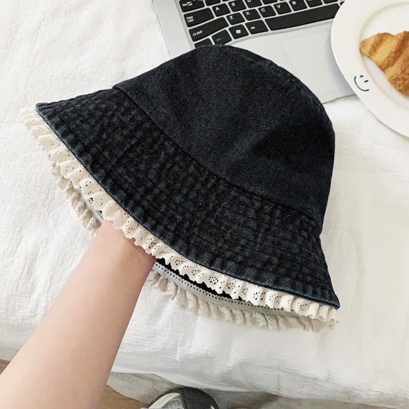 

Denim Bucket Hat With Lace Edge For Sun Protection And Casual Fashionfor Women чорний