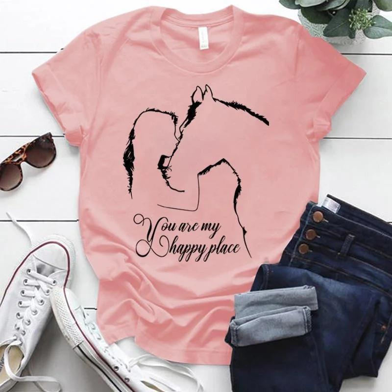 

Funny Horse And Girl You Are My Happy Place Print Tshirts Summer Short Sleeve Tee Shirts For Women Round Neck 4XL