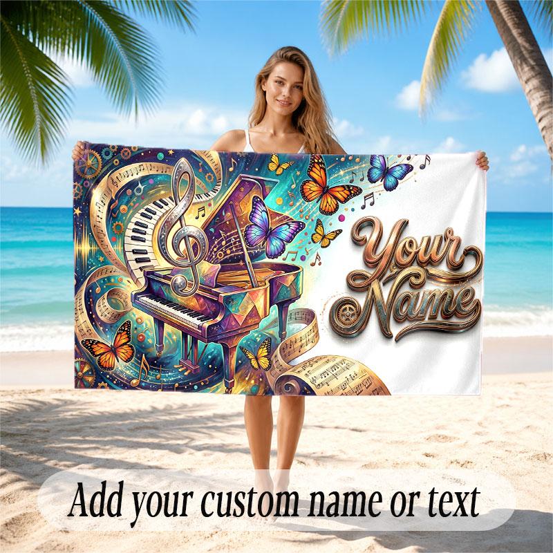 Music General Theme Beach Towel Personalized Custom Name & Text Soft Quick Dry Beach Towel for Swimming Travel