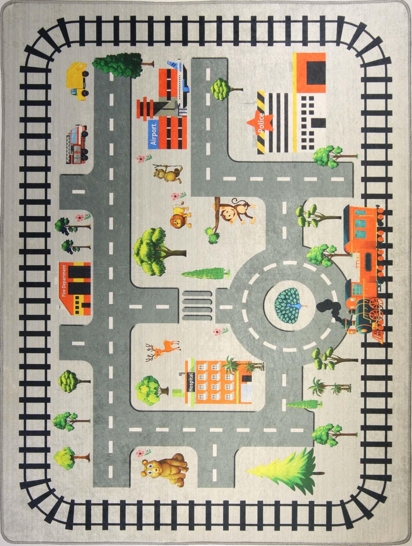 Tapis chambre enfant 80x150 cm Polyester Circuit Zoo 80x150 cm gris