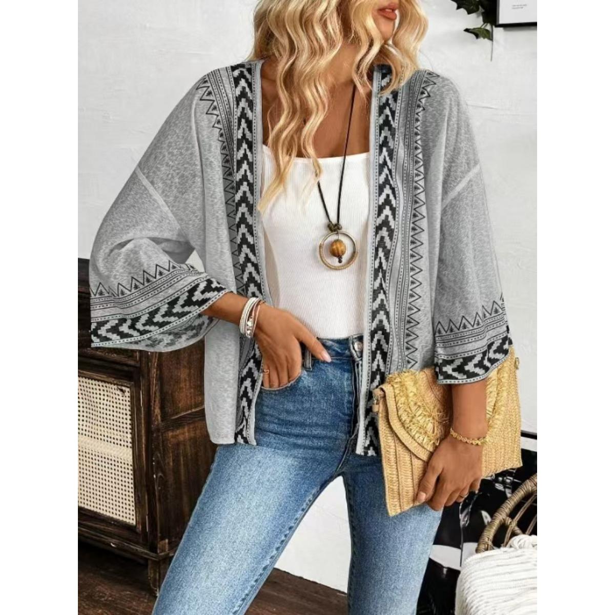 

Women s Summer Thin Sunscreen Cardigan, Boho Printed Mid-Sleeve Loose Casual Top for European & American S светло-серый