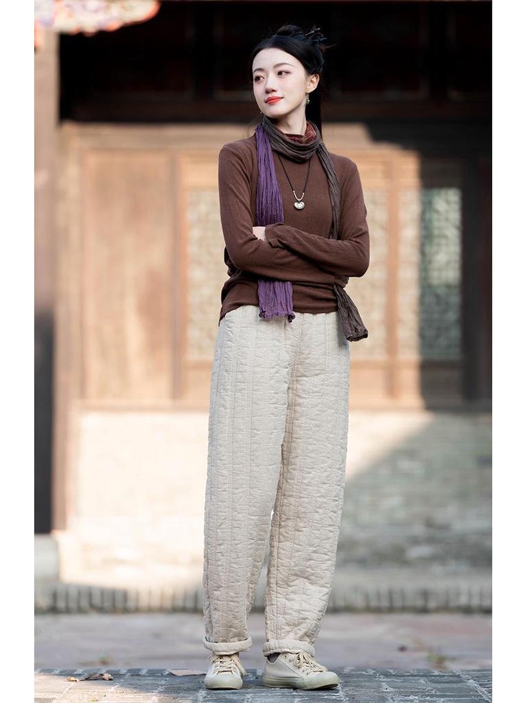 Winter Cotton Linen Women's Quilted Slimming Warm Pants