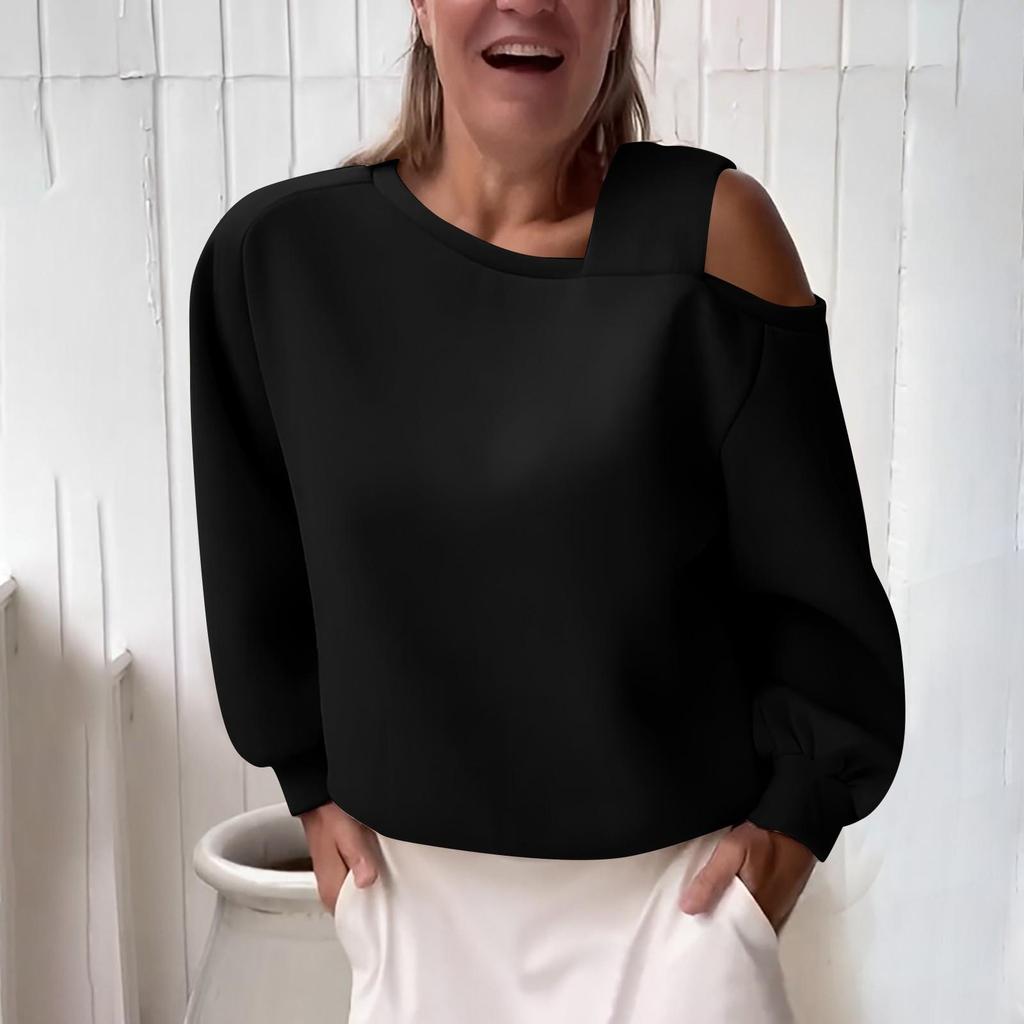 Felpa con cappuccio da donna alla moda casual con spalle scoperte, ampia, a maniche lunghe in pile