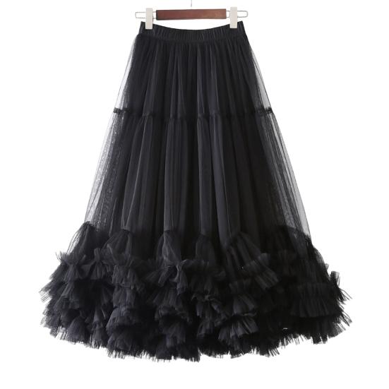 Mesh Yarn Midi Skirt High Elastic Waist Ruffles Trim A-line Skirt