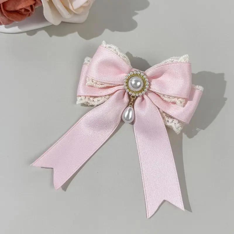 1pc Sweet Cute Pearl Lace Bow Hair Clip High-end Feminine Multi-color Satin Lolita Hair Accessory Fashionable Back Headwear