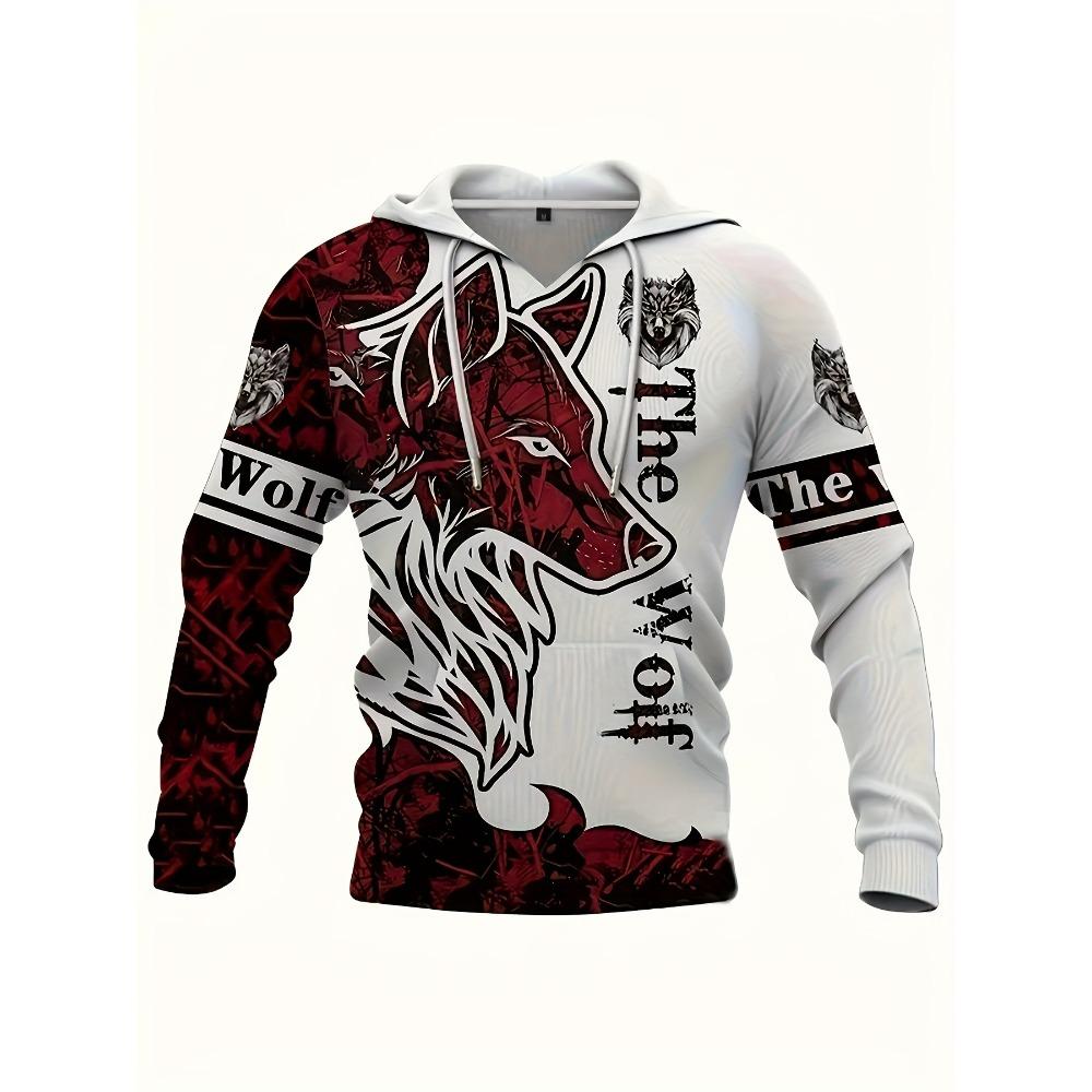 Fashionable men's autumn personalized wolf print soft and comfortable hooded sweatshirt outdoor street style clothing