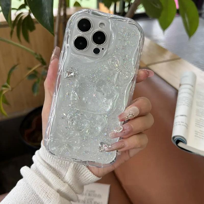 

Cartoon Kt cat transparent glitter mobile phone case for Iphone17Promax butterfly chain Apple 15 rhinestone 13 iPhone 7/8/SE 2020