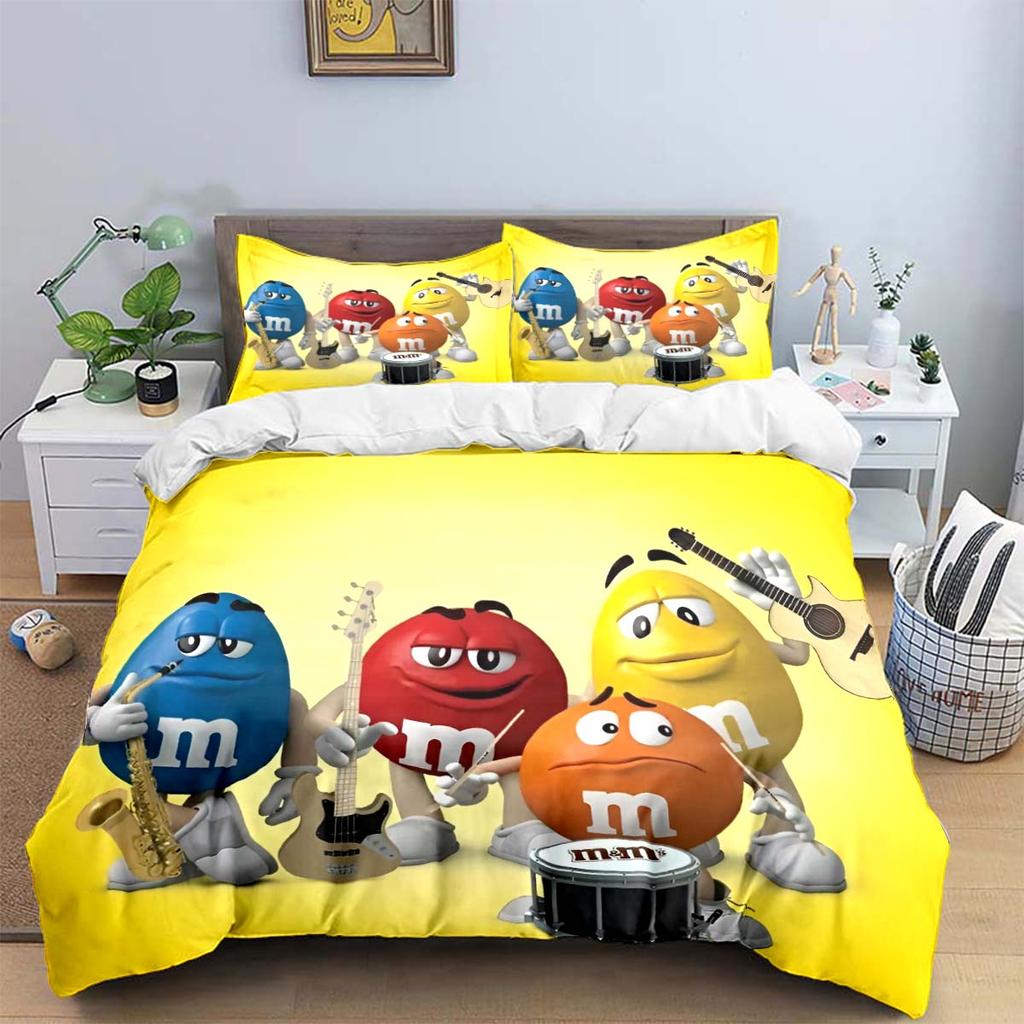 Hot Fashion M&M Chocolate Logo Print Bedding Sets Exquisite Bed Supplies Set Duvet Cover Bed Comforter Set Bedding Set Kids Gift