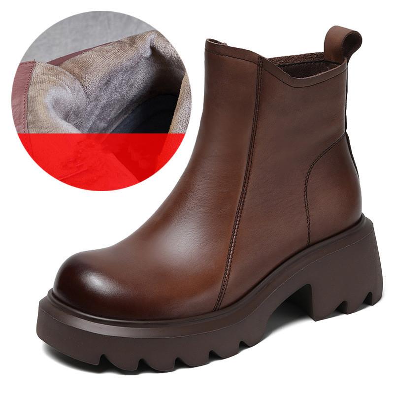 Johnature Thick Soled Genuine Leather Women's Boots British Style Round Toe Thick Heel Short Boots