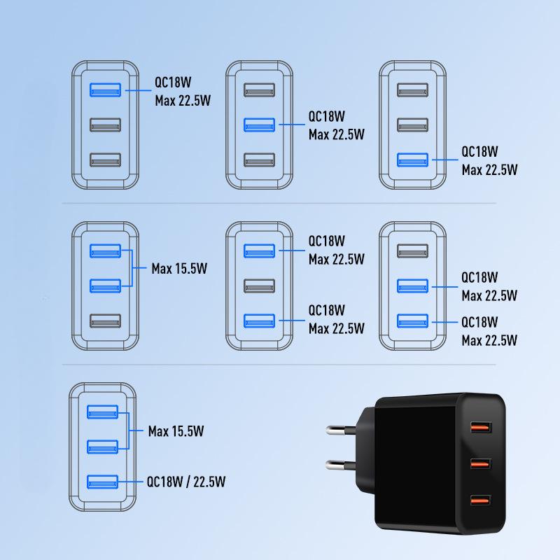

Европейская многопротокольная головка быстрой зарядки QC3.0 QC18W+18W Корейское многопортовое быстрое зарядное устройство 3 USB Независимая быстрая зарядка XYY-45W-AAA-CE