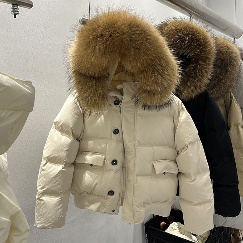

Зима 2024 Новое поступление Южная Корея Тондэмун Енот Большой меховой воротник Пуховик Женский Короткий Свободный Толстый Маленькое пальто Beige White M(60.00 kg-72.50 kg)