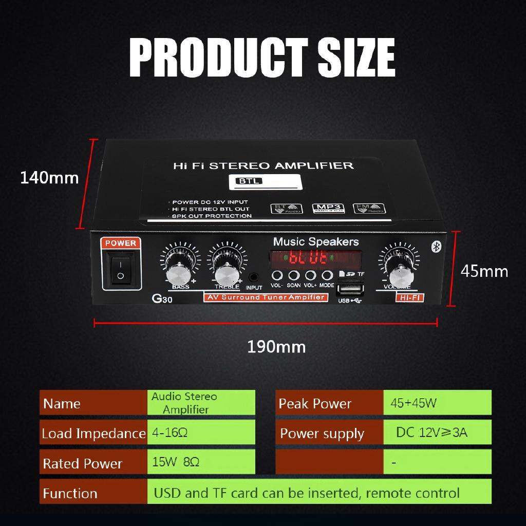 AC 220V 90W 2CH HIFI Audio Stereoforsterker LCD-skjerm bluetooth FM-radio Bil hjemmefjernkontroll Hjemmekinoforsterkere DC12V