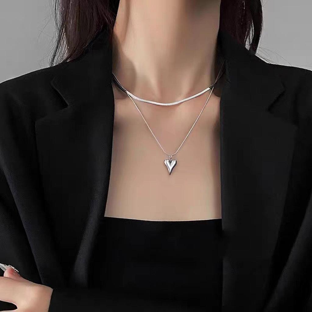Double Layer Necklace Elegant Stainless Steel Heart Pendant Choker Charm Adjustable Collar Chain Jewelry for Daily Wear