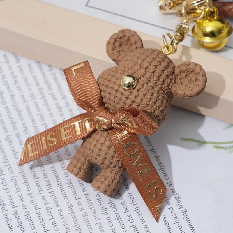 

Resin Yarn Bear Keychain Pendant with Ribbon Bow and Bell Charm Cute Bear Shape Accessory for Bags Backpacks Keys and Gifts