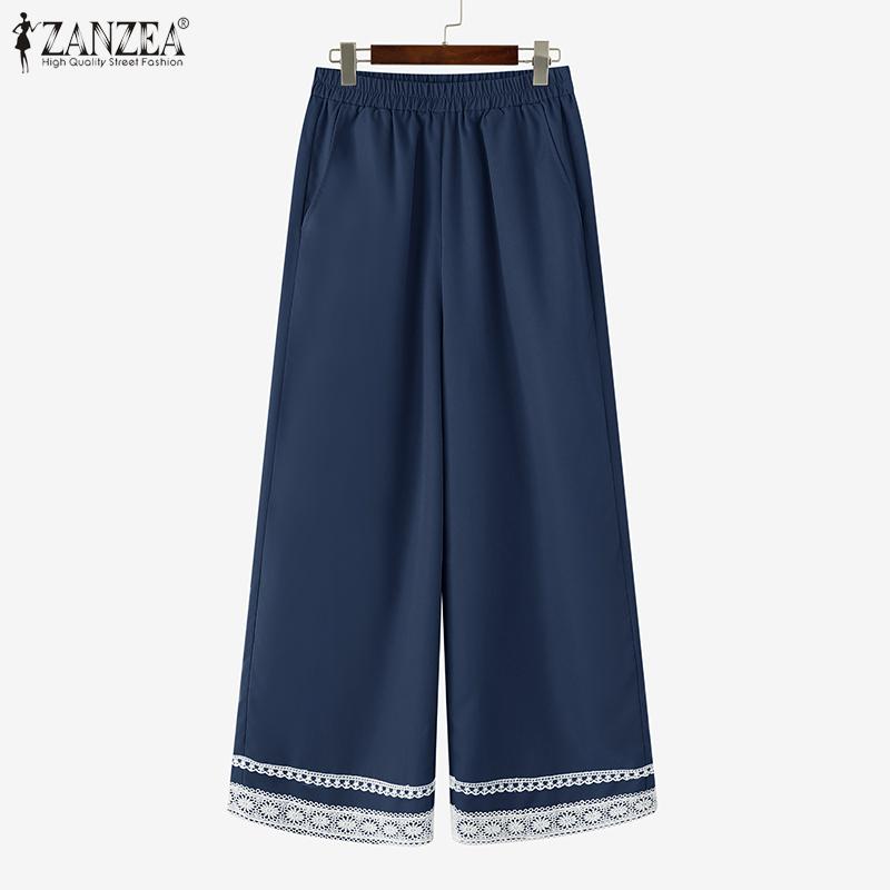 ZANZEA Women Casual Elastic Waist Loose Splice Cropped Pants