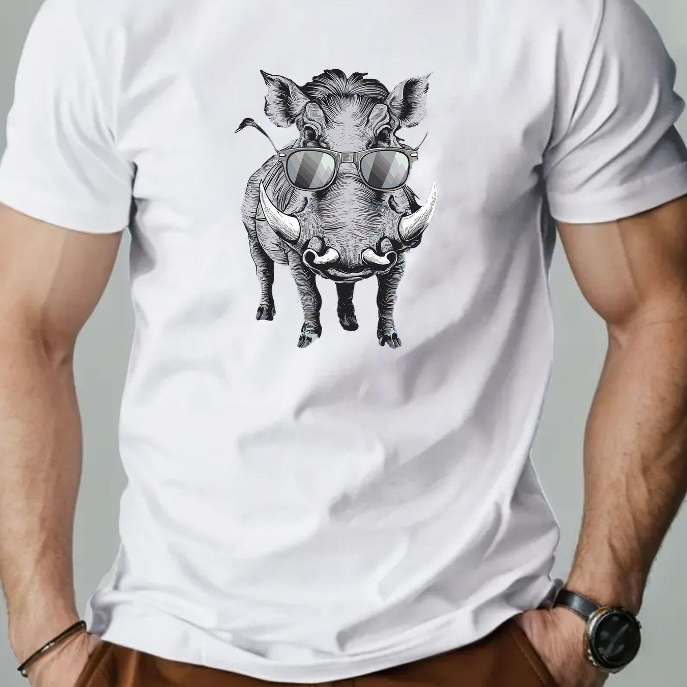 Men Blue Casual Graphic TShirt Wild Boar with Fashion Glasses Print Summer Short Sleeve Round Neck Tee Men Clothing L