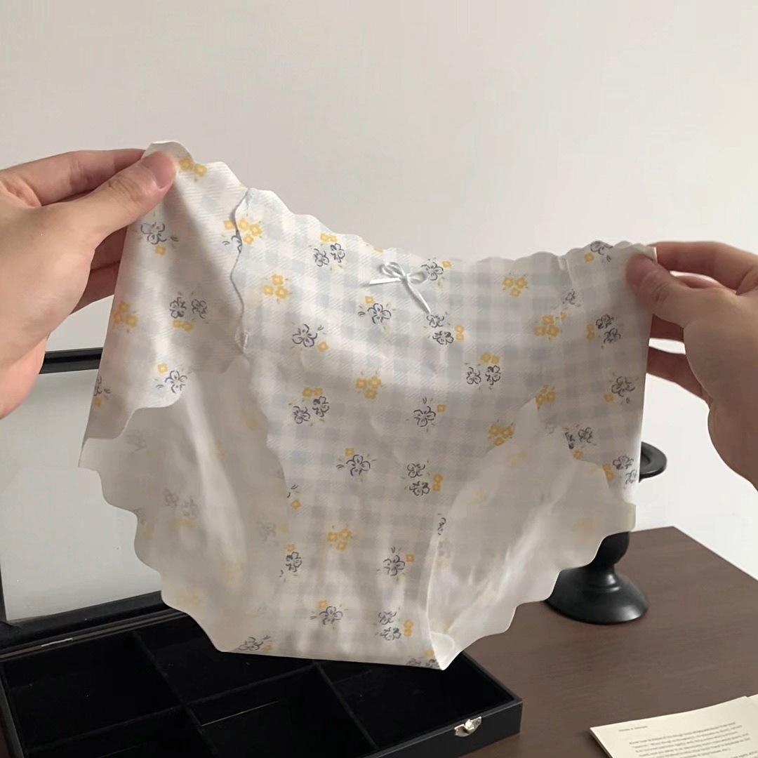 Women s Summer Thin Floral Print Ice Silk Breathable Mid Waist Briefs M синий
